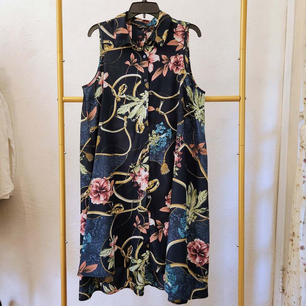 Mlle Gabrielle Navy Blue Floral Chain Print Sleeveless Button Down Maxi Dress XL